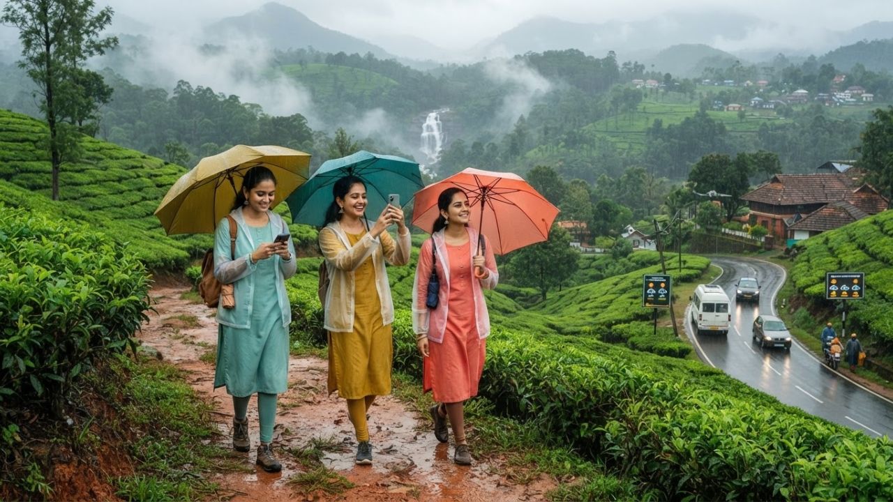 Lush green tea plantations shrouded in heavy mist and rainfall in the Western Ghats of Kerala