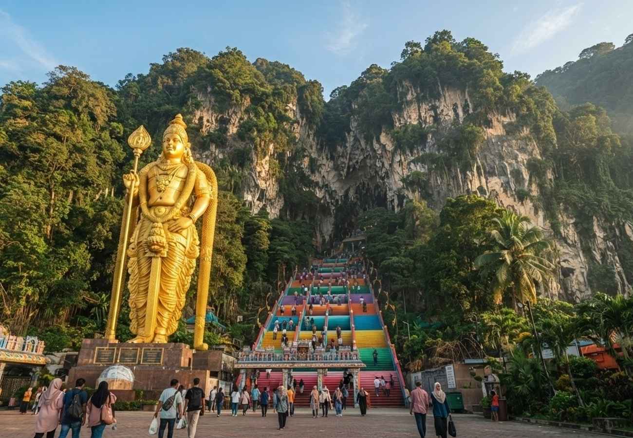 The colorful stairs and golden statue of Batu Caves in Malaysia
