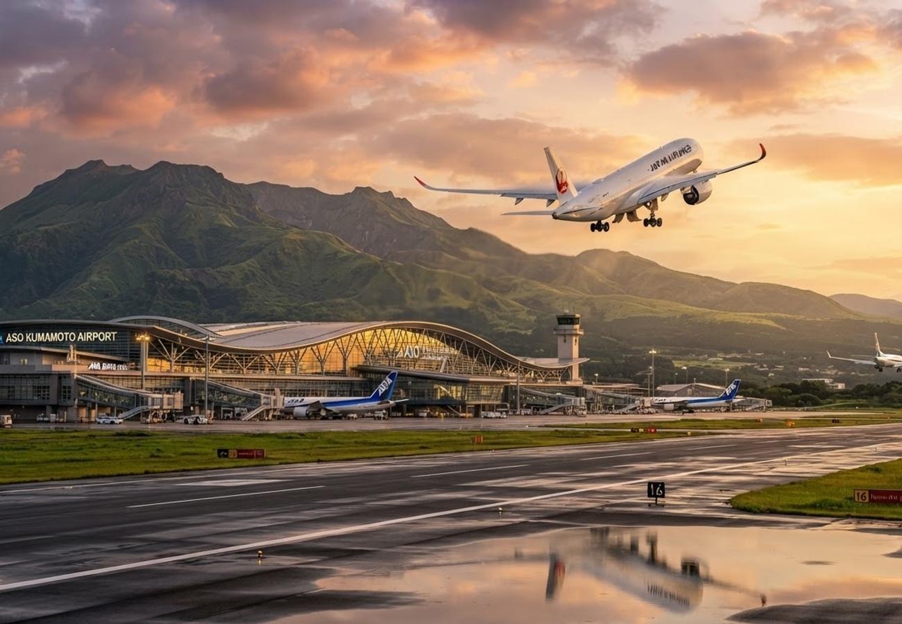 Aerial view of Aso Kumamoto Airport terminal and runway