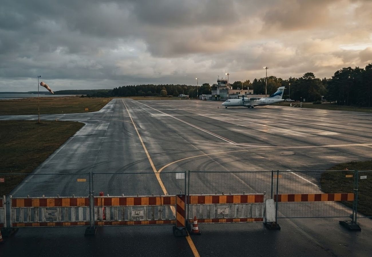 Aerial view of a regional Baltic airport runway under maintenance