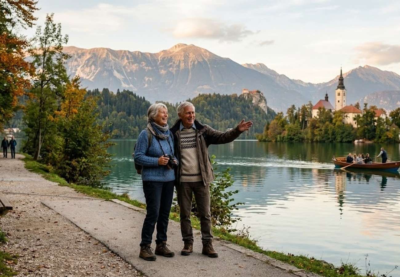 Aerial view of Lake Bled Slovenia with Bled Island and Julian Alps