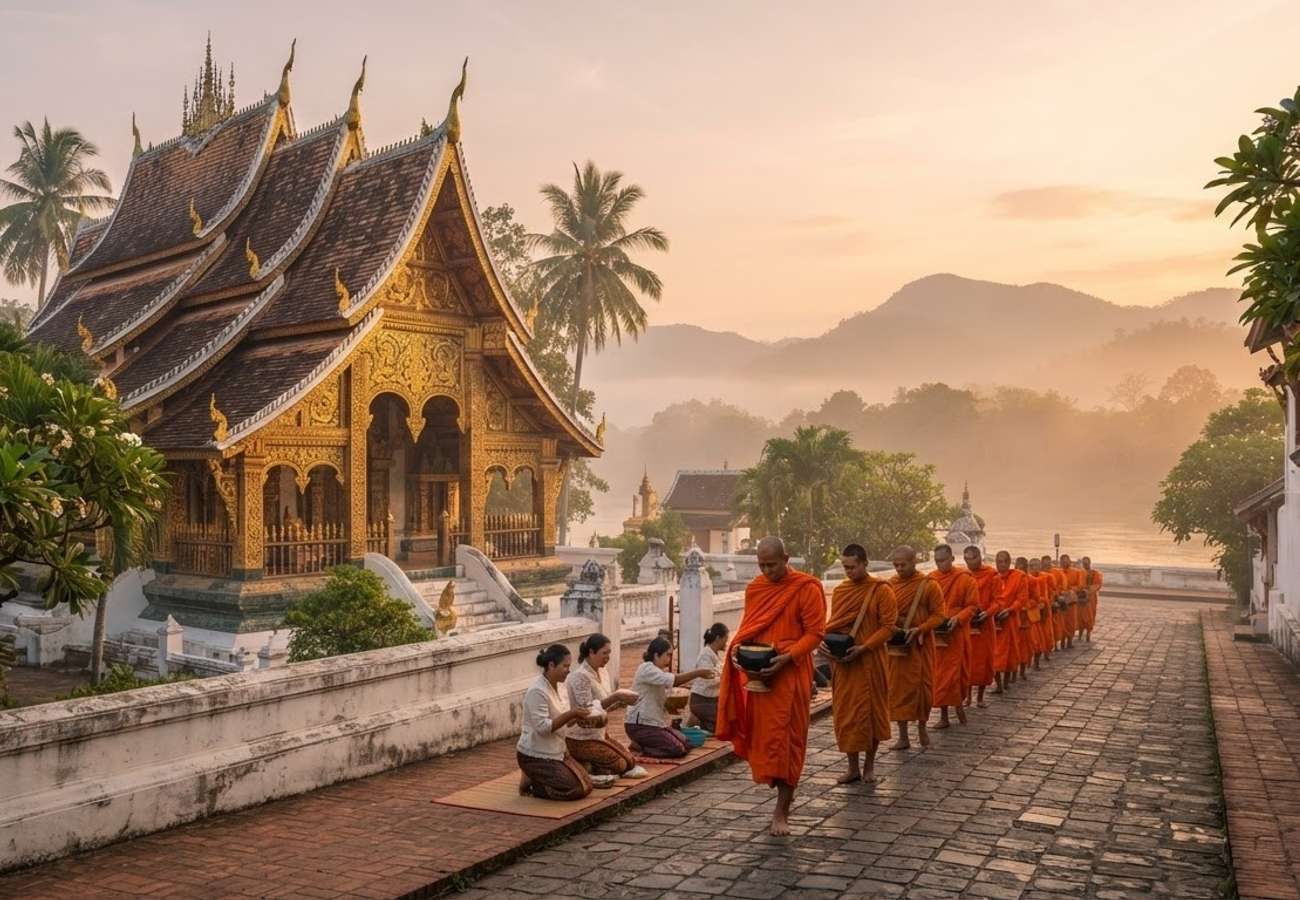 Laos heritage site with tourists exploring cultural landmarks