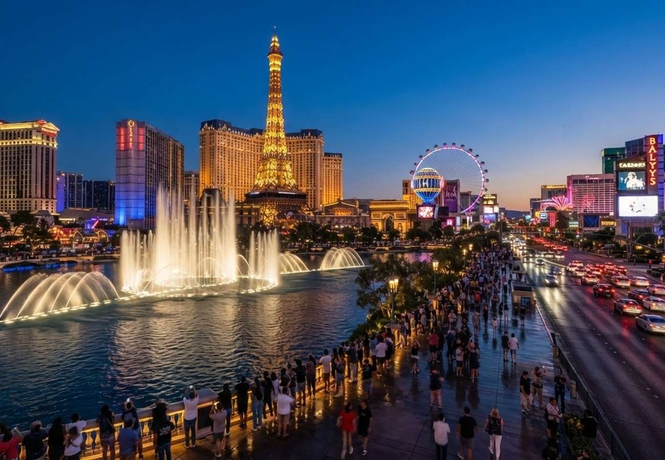 Aerial view of the Las Vegas Strip with neon lights and luxury resorts