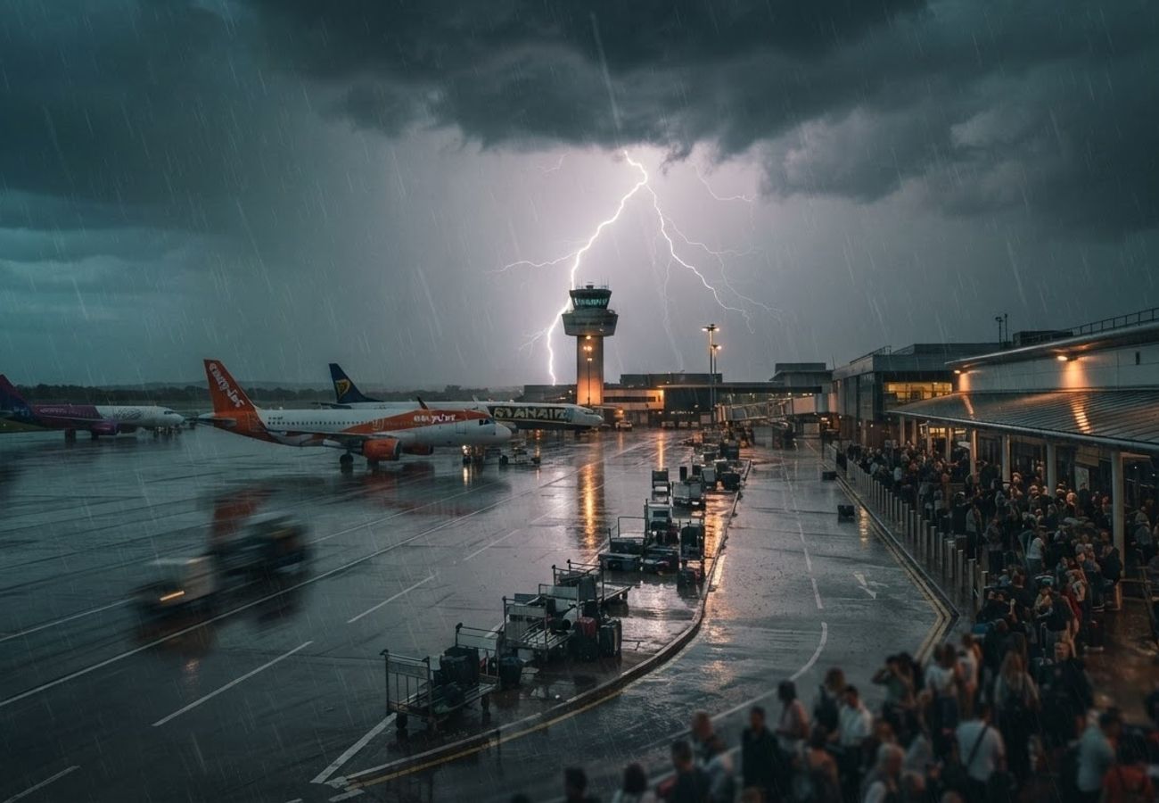 Aerial view of London Luton Airport during heavy rain and thunderstorms