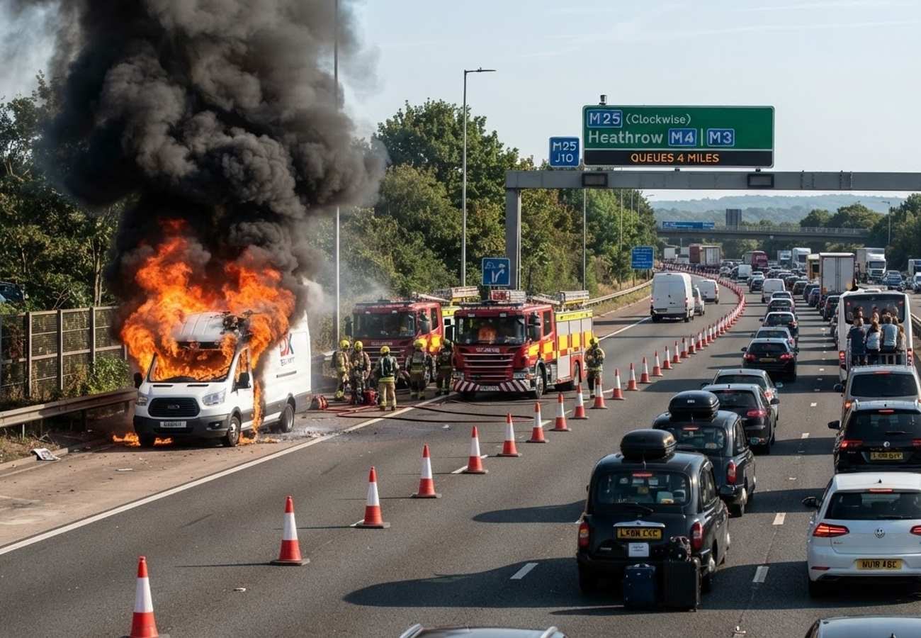 M23 Van Fire Causes Severe Traffic Delays and Lane Closures Near Gatwick Airport in August 2026