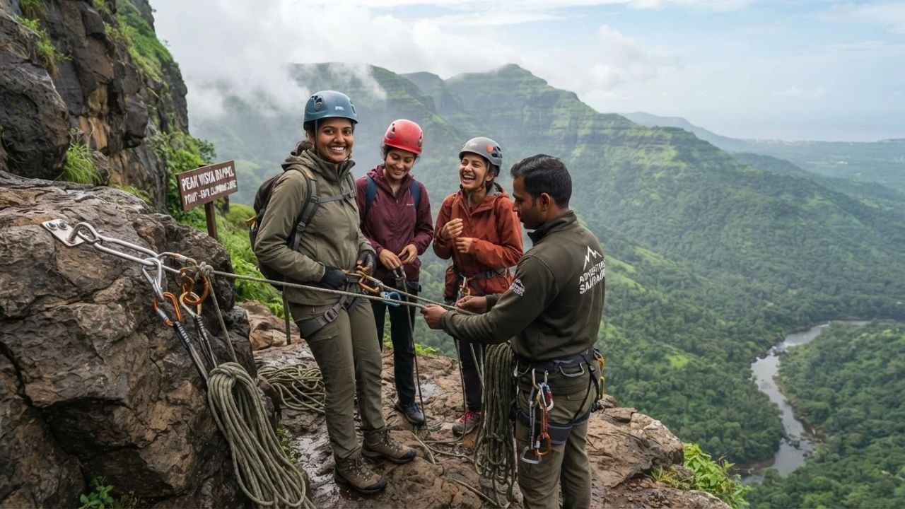 A safety instructor explaining harnesses and ropes to adventure travelers in Maharashtra.