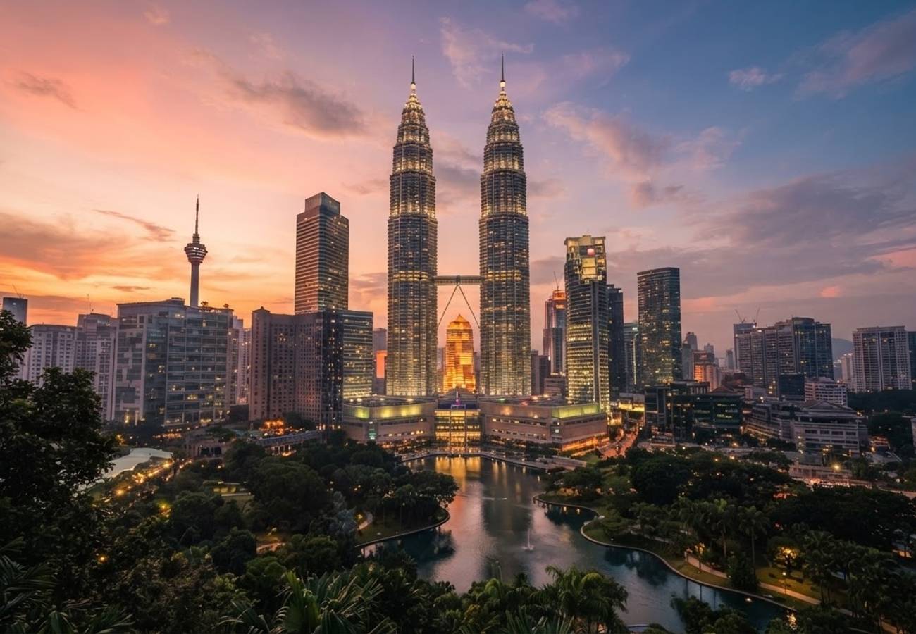 Aerial view of Kuala Lumpur skyline and Petronas Towers