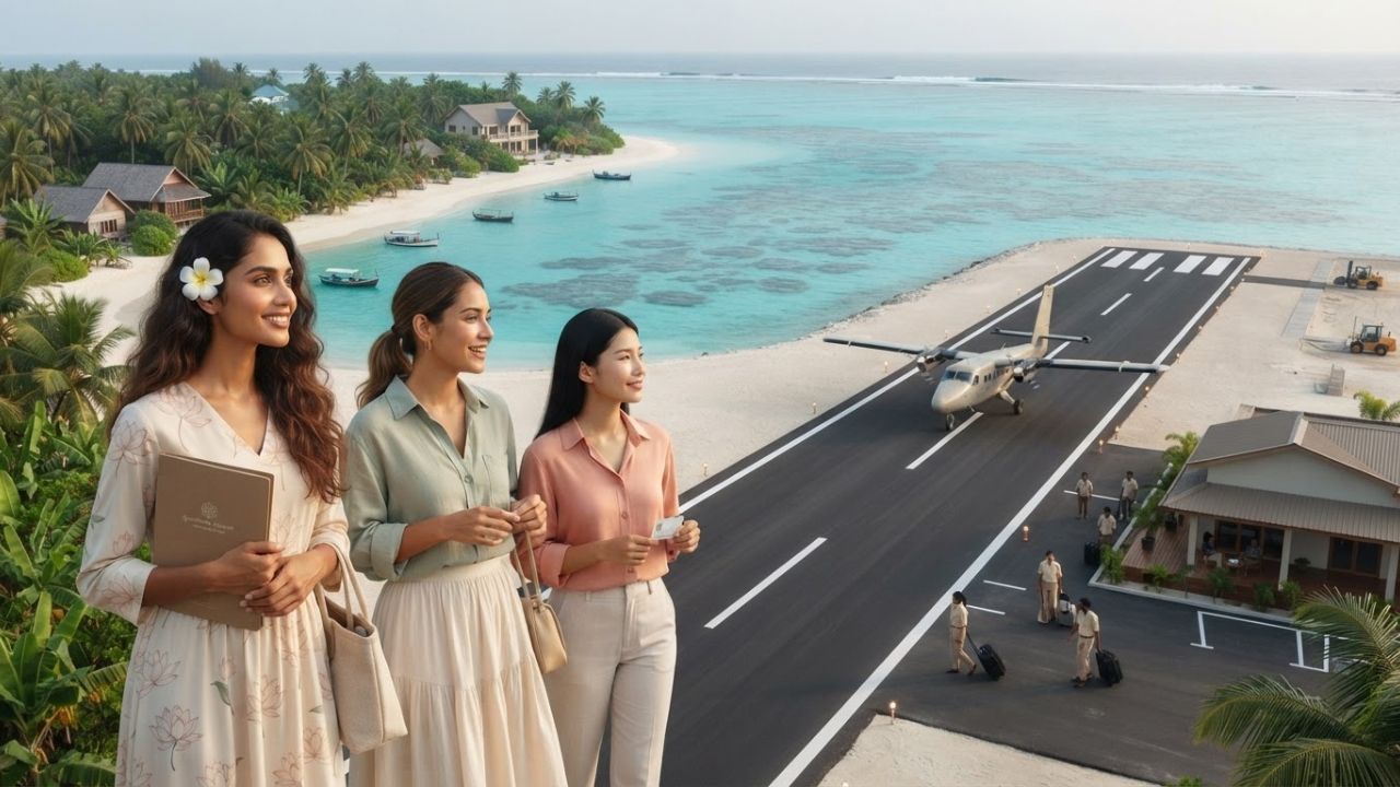A scenic aerial view of a domestic airport runway on a sandy tropical island surrounded by turquoise waters