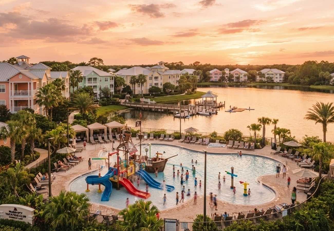 Marriott Vacation Club Harbour Lake resort exterior with palm trees and villas