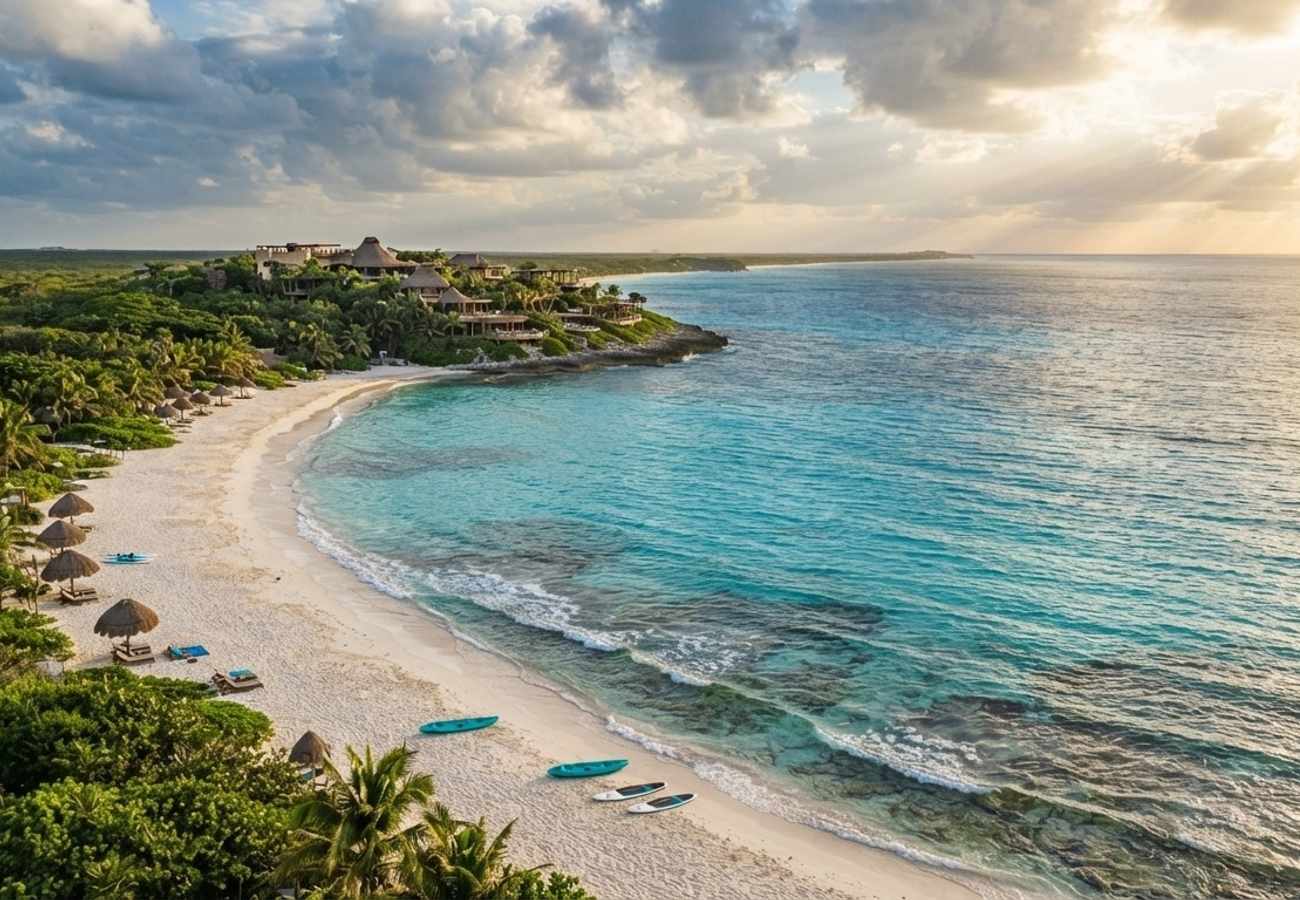 Aerial view of a pristine Mexican beach with turquoise waters and white sand