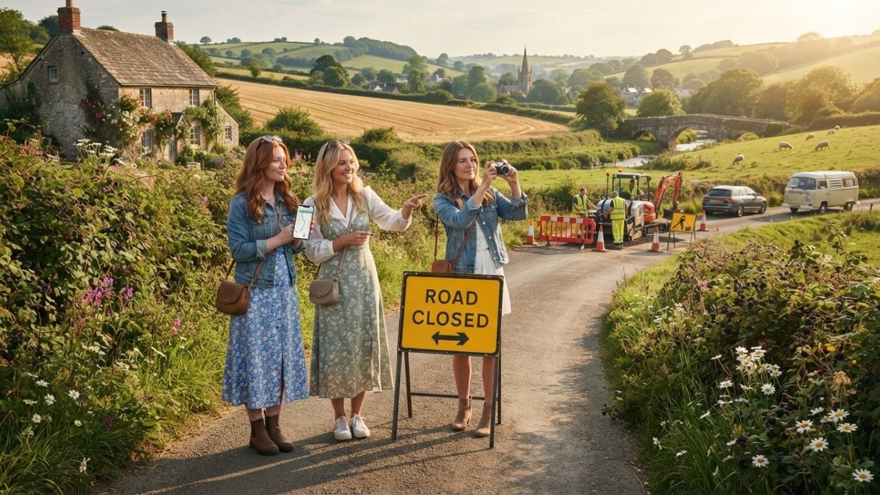 A narrow Devon country lane with roadworks signs and a diversion route marker