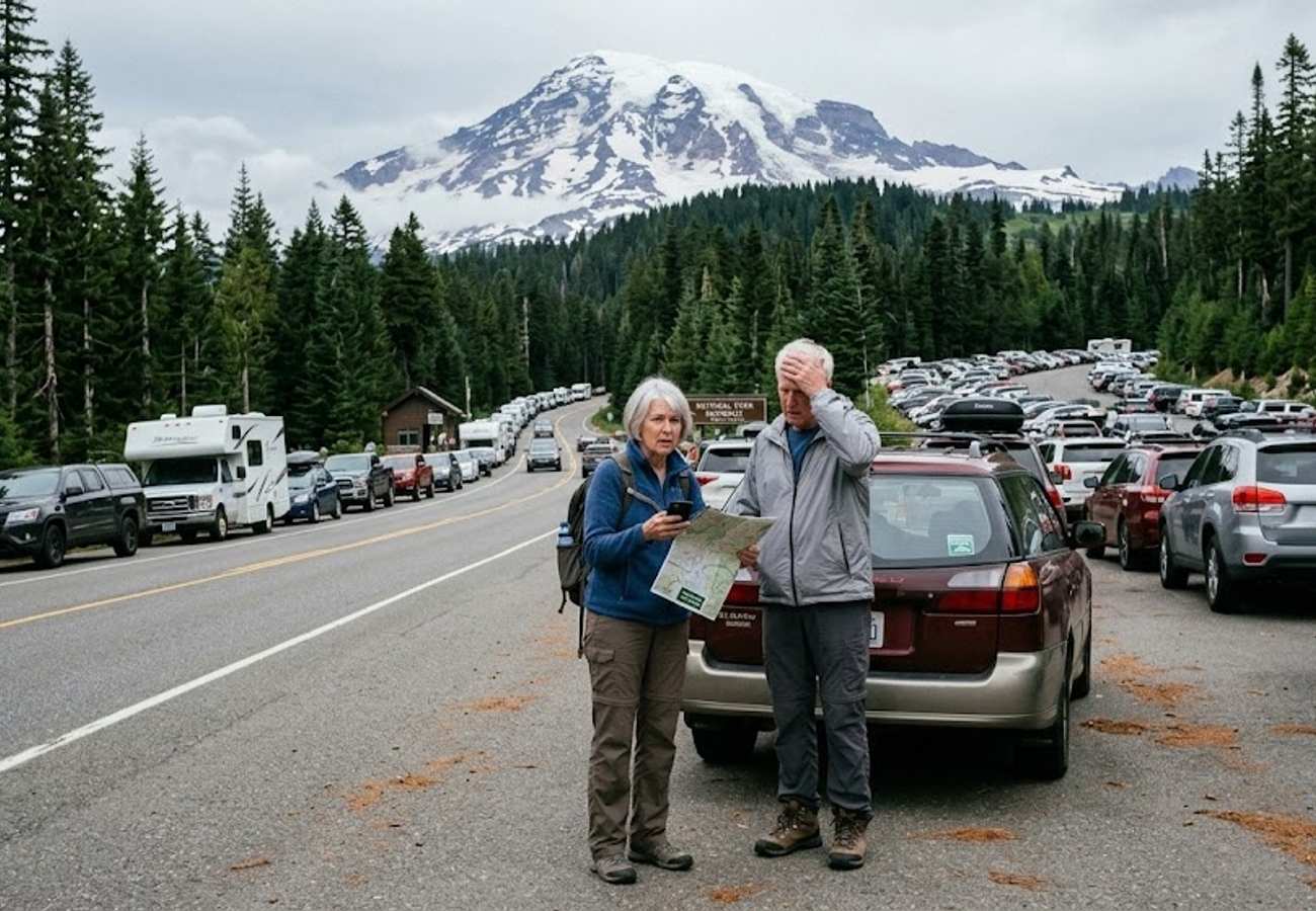 Line of cars waiting in traffic on a paved road leading to the entrance of Mount Rainier National Park in Washington state