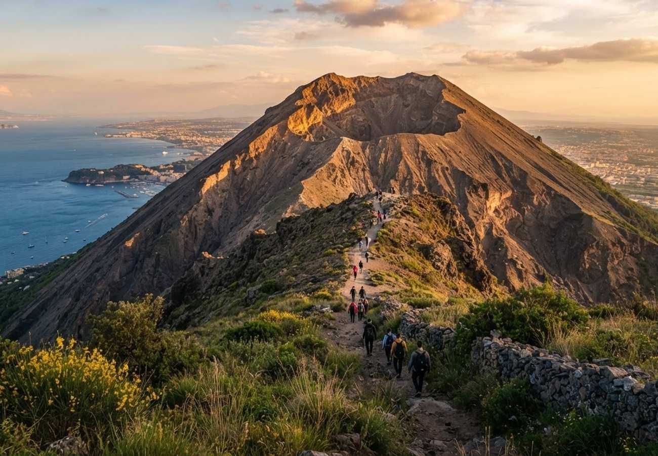 Aerial view of Mount Vesuvius volcano overlooking the Gulf of Naples