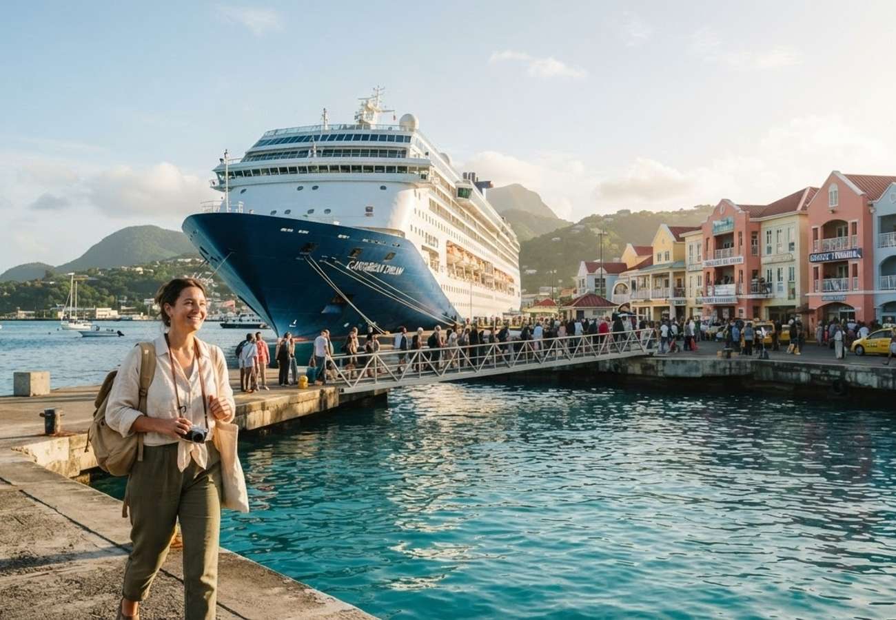 Cruise ship docked at a Caribbean port with a focus on passenger luggage