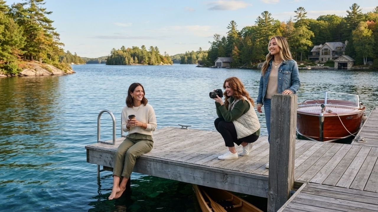A wooden dock extending into Lake Rosseau Muskoka surrounded by dense evergreen trees during sunrise