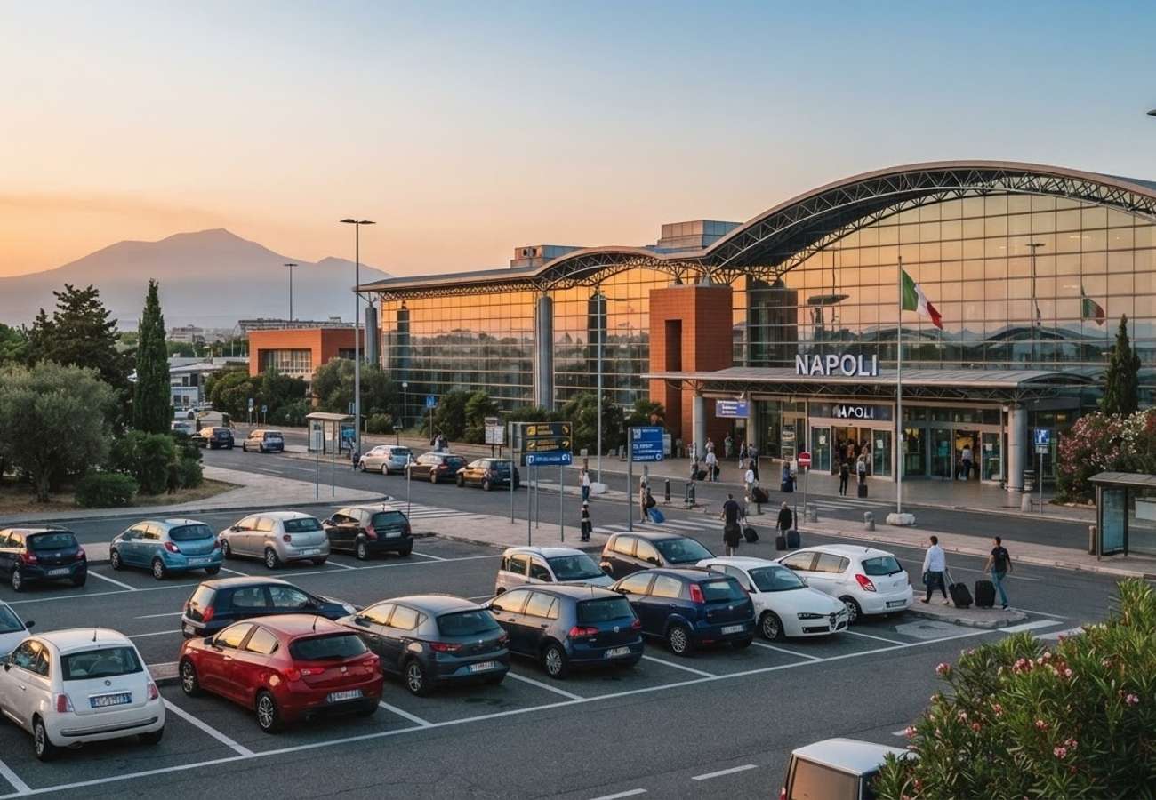 Aerial view of Naples International Airport parking facilities and terminal