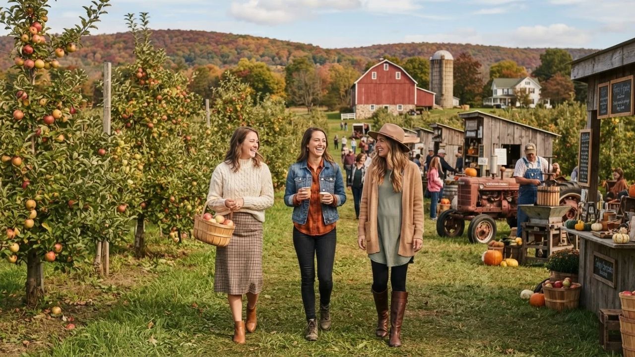 A lively autumn market scene under colorful maple trees, with crates of fresh red apples and pumpkins on display.