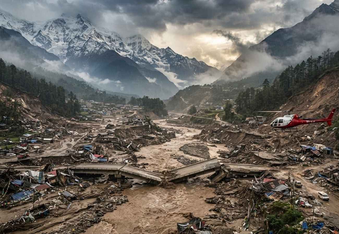 Aerial view of flood damage in the Nepal Himalayan region