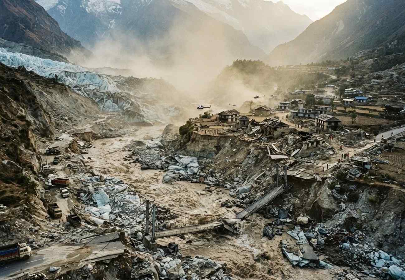 Aerial view of Himalayan mountain valley showing flood debris and damaged infrastructure