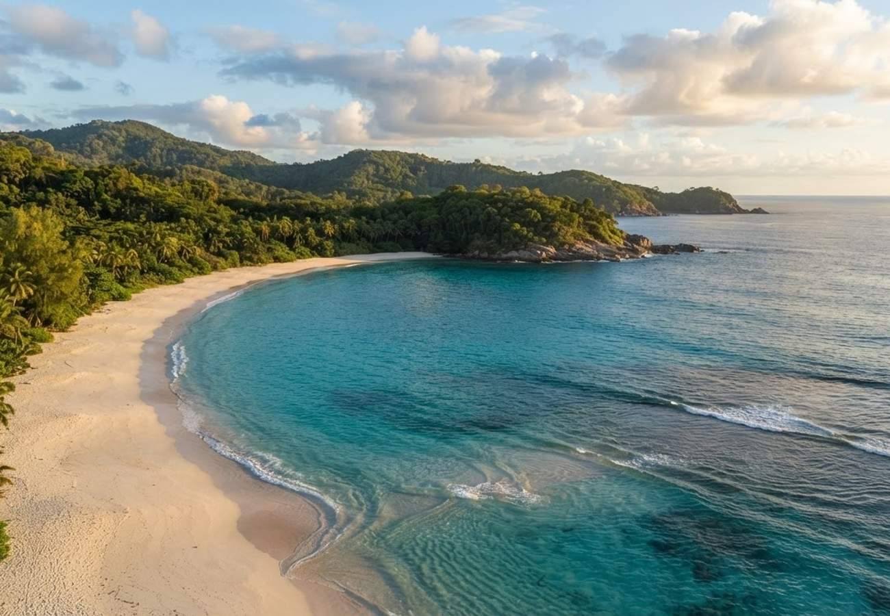 Aerial view of a pristine tropical coastline with turquoise waters and white sand