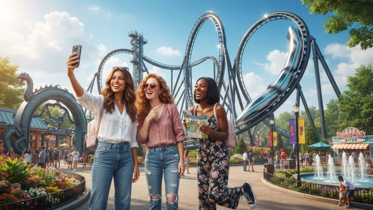 A massive, twisting steel roller coaster track at a theme park against a clear sky