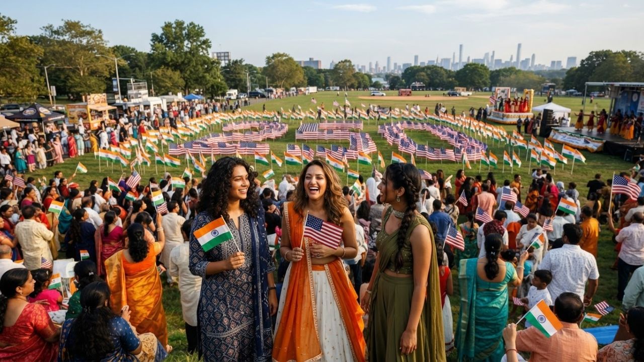 Hundreds of US and Indian flags arranged in a visual display at a park in New Jersey under a clear sky