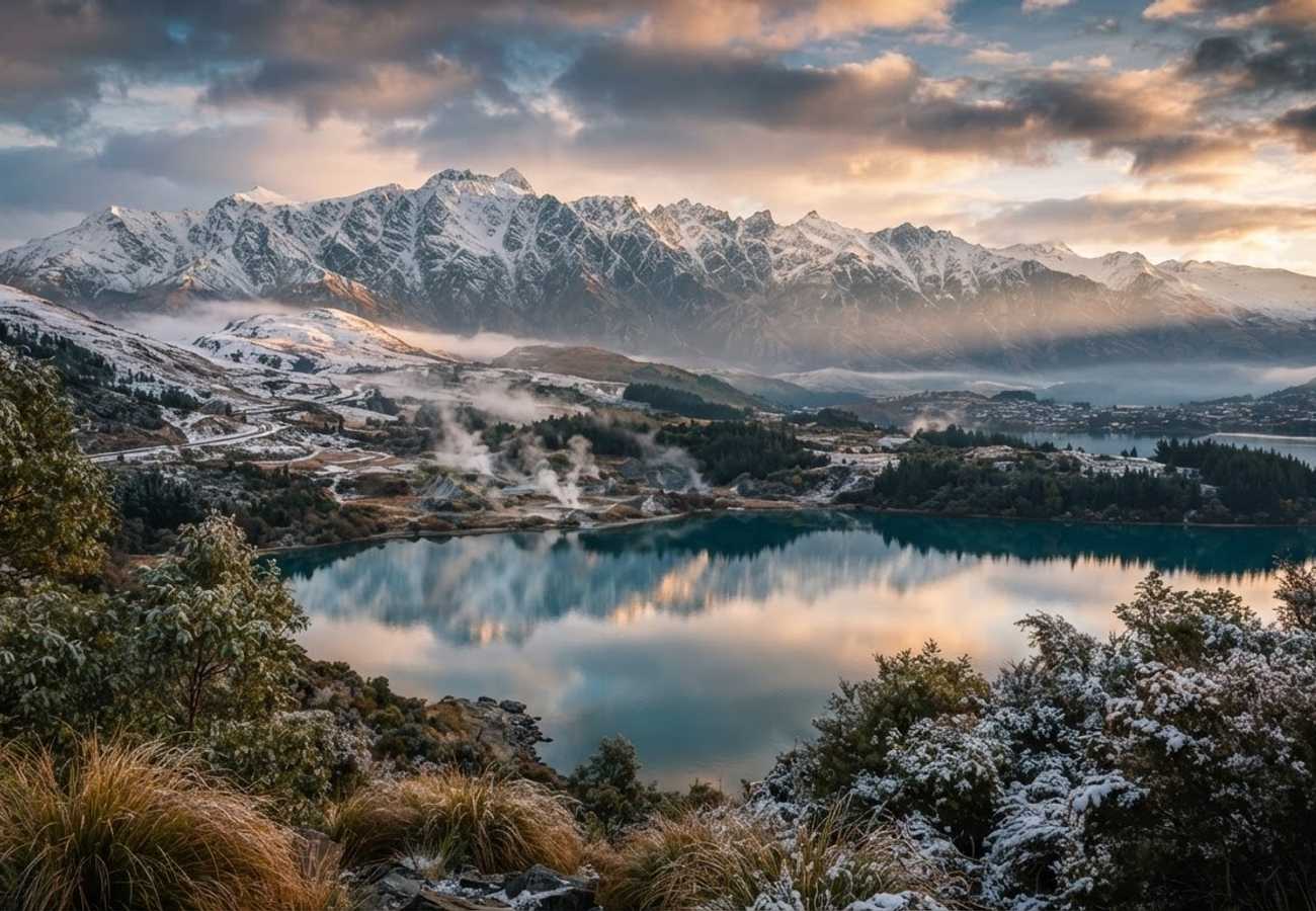 Snow-capped Southern Alps overlooking a New Zealand regional town
