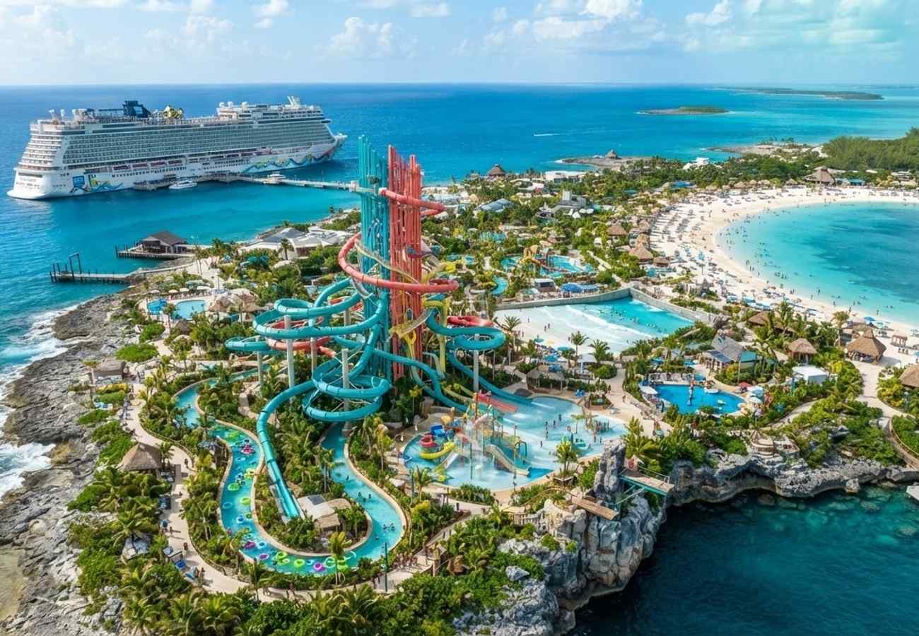 Aerial view of a luxury cruise ship docked at a private Bahamian island with a large waterpark