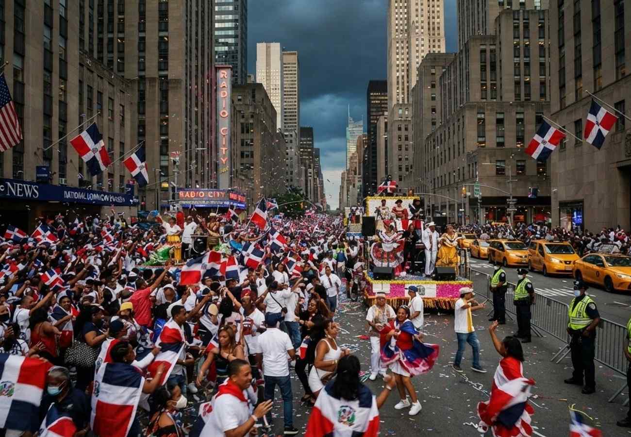 Vibrant cultural parade in New York City with crowds and security