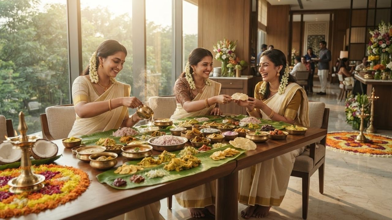 A traditional Onam Sadhya feast served on a vibrant green banana leaf, showing multiple bowls of curries, papadums, pickles, and rice.
