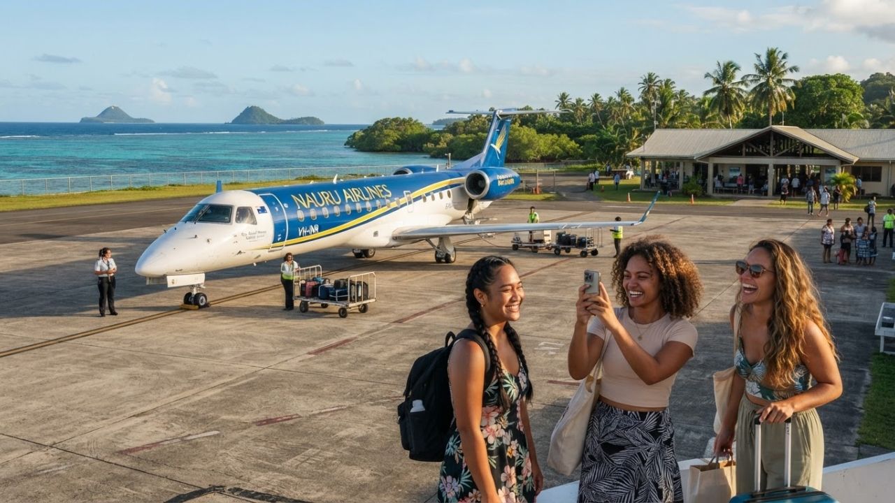 A regional twin-engine propeller airplane sitting on a tropical runway under palm trees
