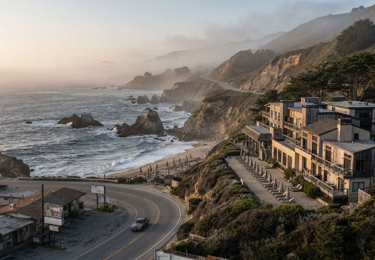 Aerial view of California coastal tourism infrastructure