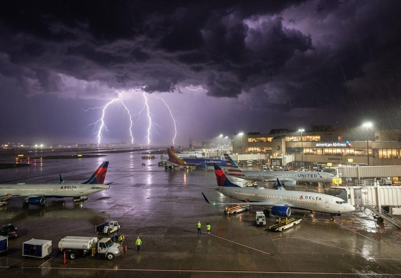 Thunderstorms over a major North American airport terminal