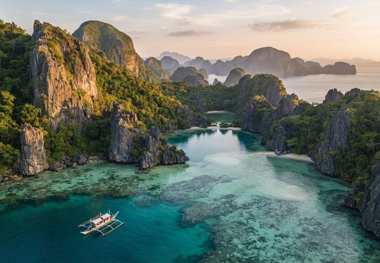 Aerial view of Palawan limestone cliffs and turquoise waters