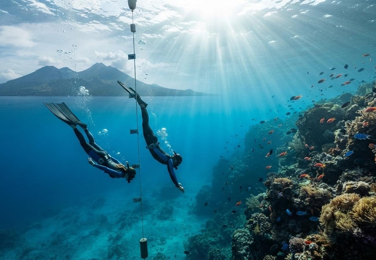 Underwater view of coral reefs and divers in Camiguin, Philippines