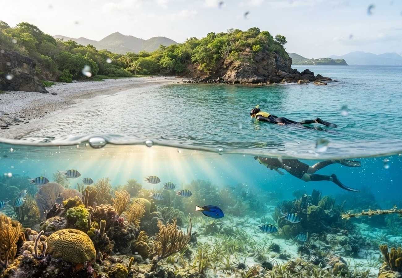 Crystal clear turquoise waters and rocky shoreline at Pigeon Island National Landmark, Saint Lucia