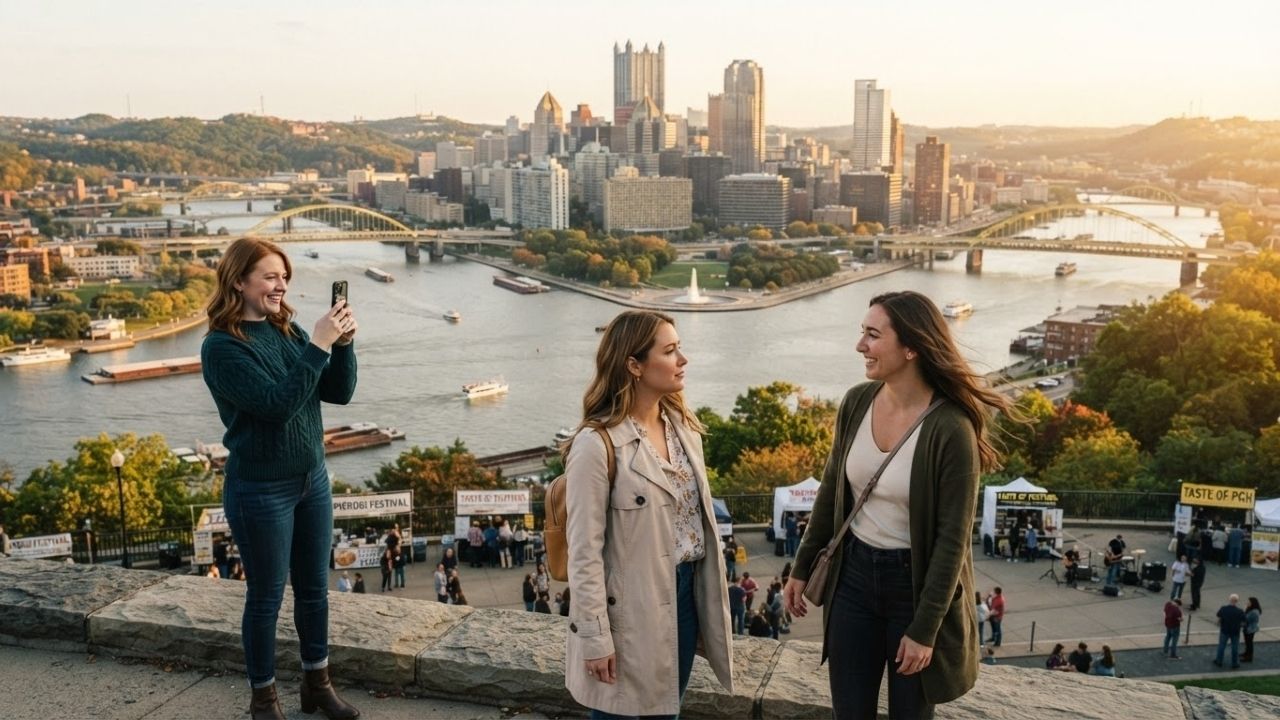Panoramic view of the Pittsburgh skyline and three rivers from Mount Washington in early autumn