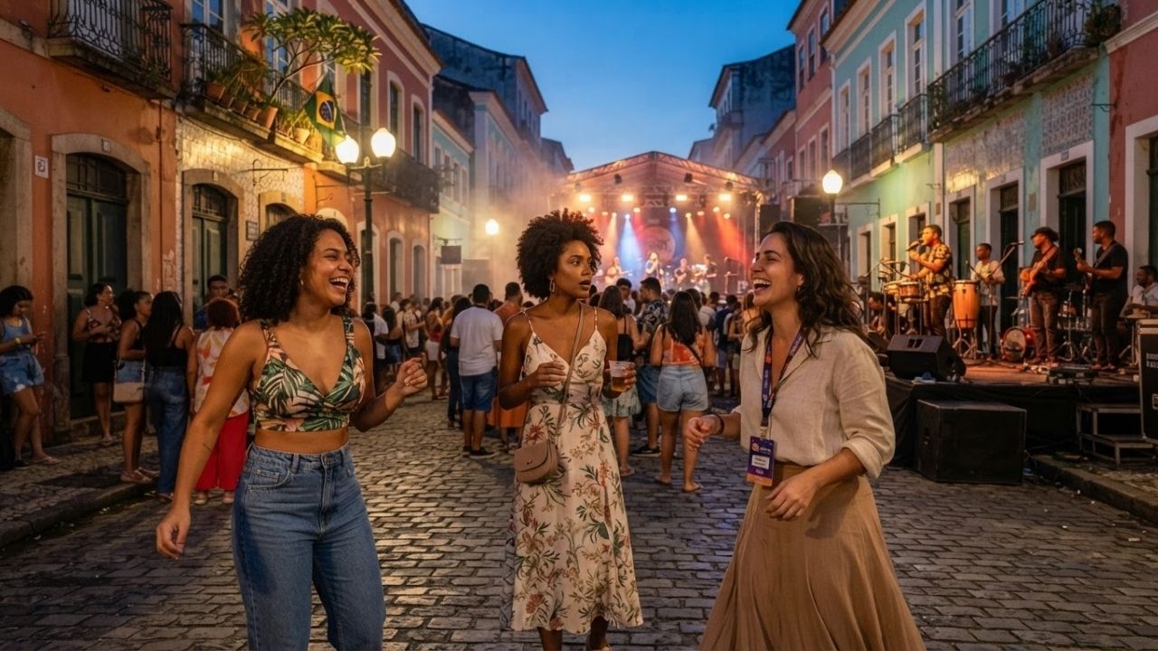 A vibrant outdoor music stage in Recife Antigo during Porto Musical under night lights