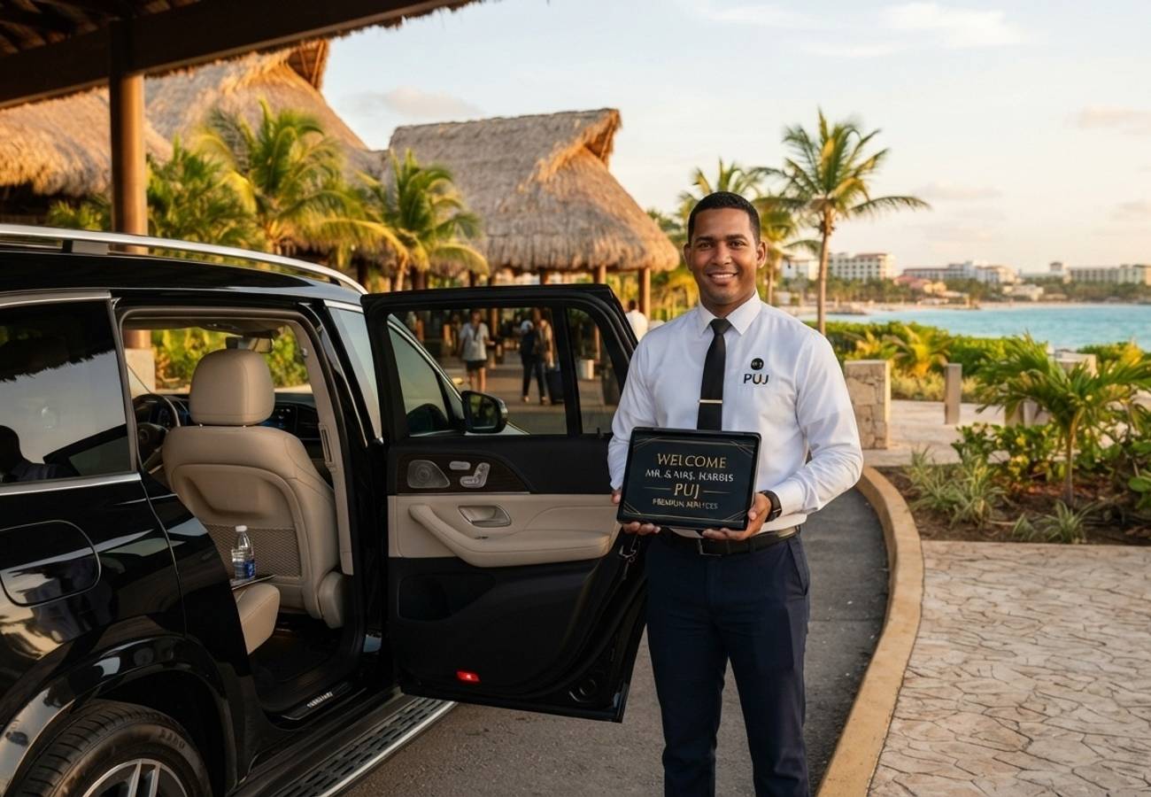 Luxury transfer vehicle arriving at a Cap Cana resort