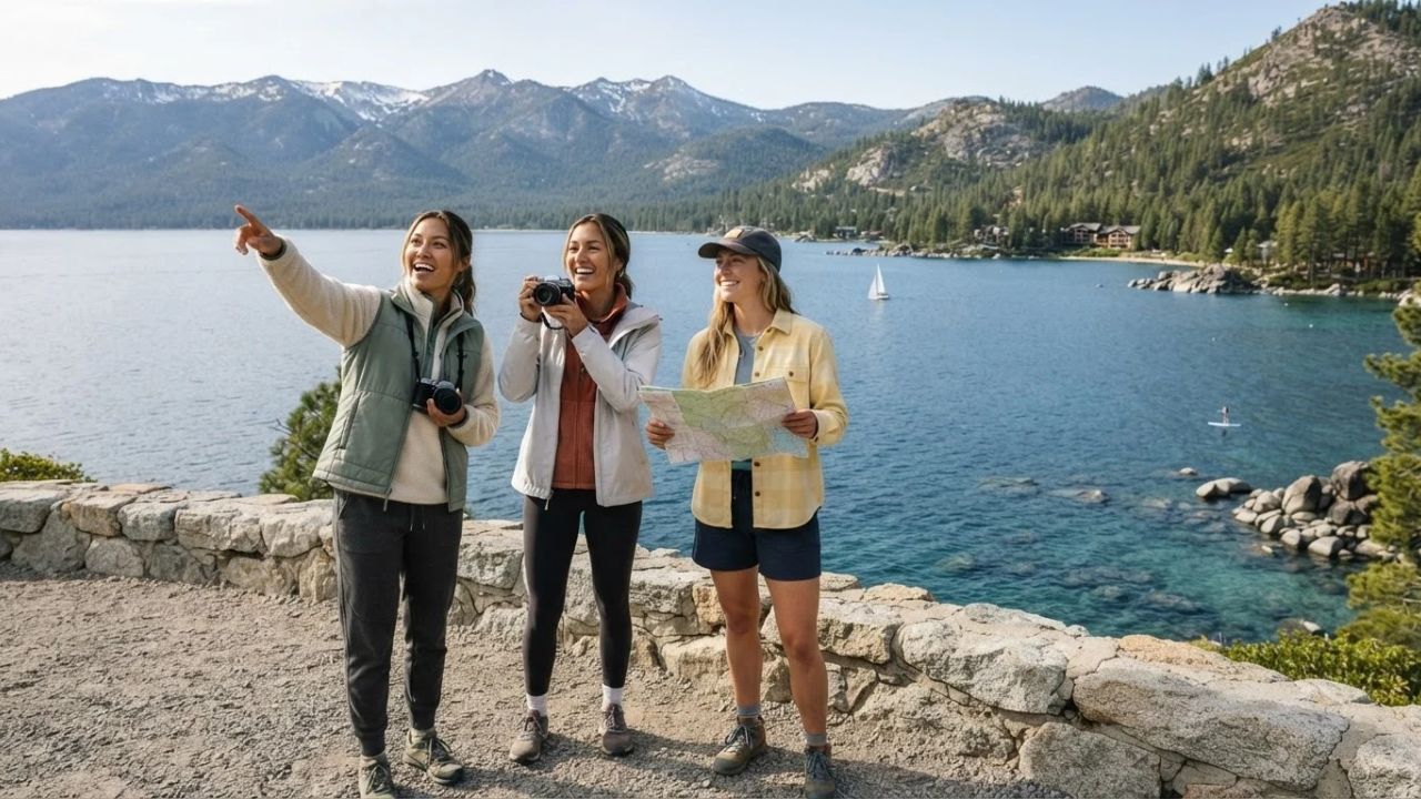 A scenic view of Lake Tahoe's crystal-clear blue water surrounded by evergreen trees and the Sierra Nevada mountains.