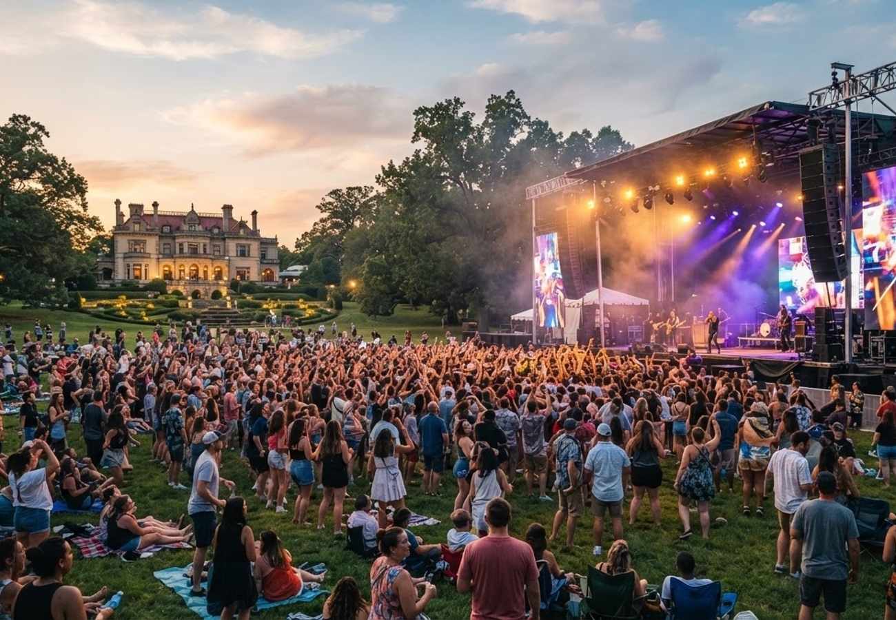 Aerial view of Maymont gardens in Richmond Virginia during a summer festival