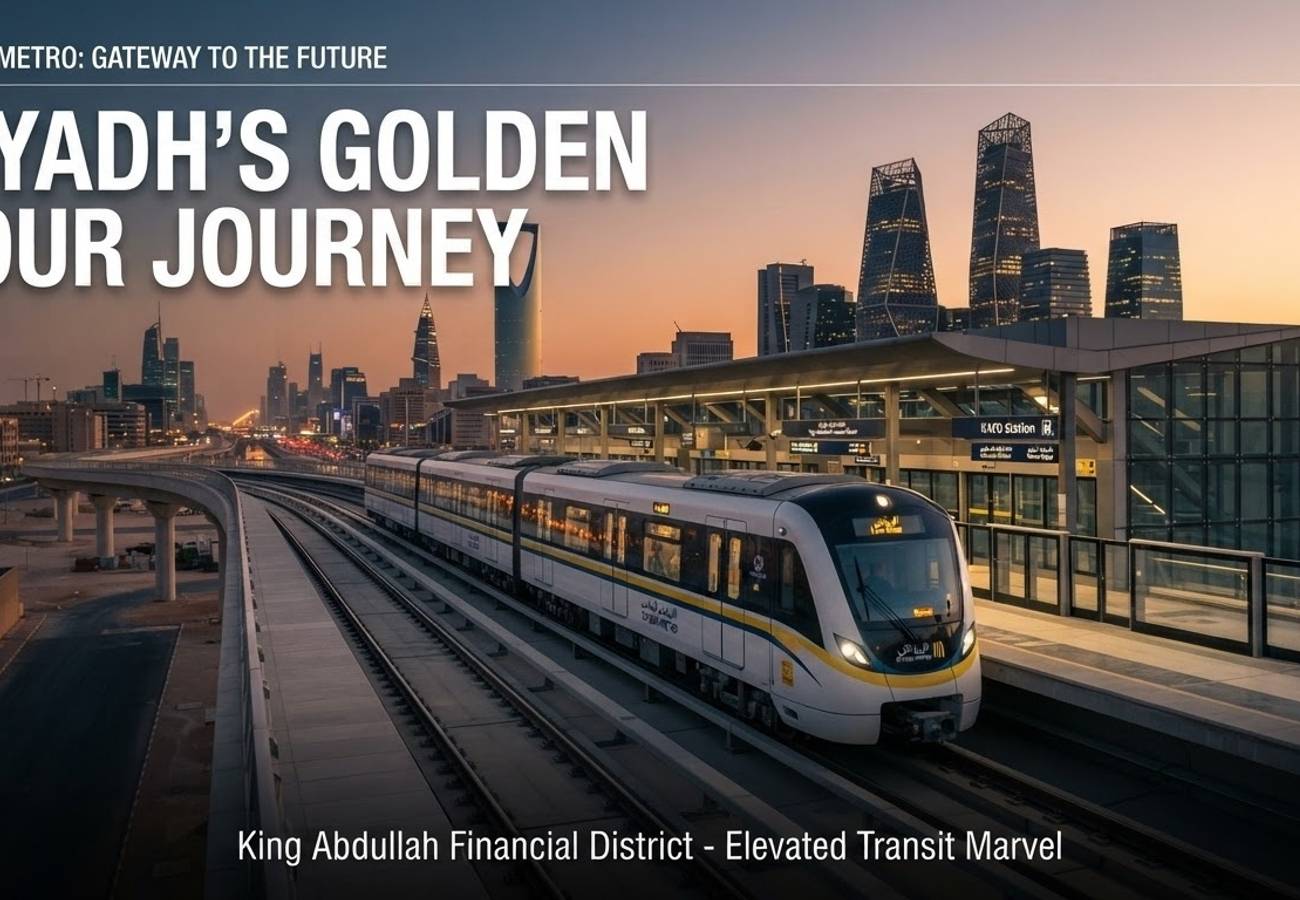Riyadh Metro Yellow Line train arriving at a modern station platform