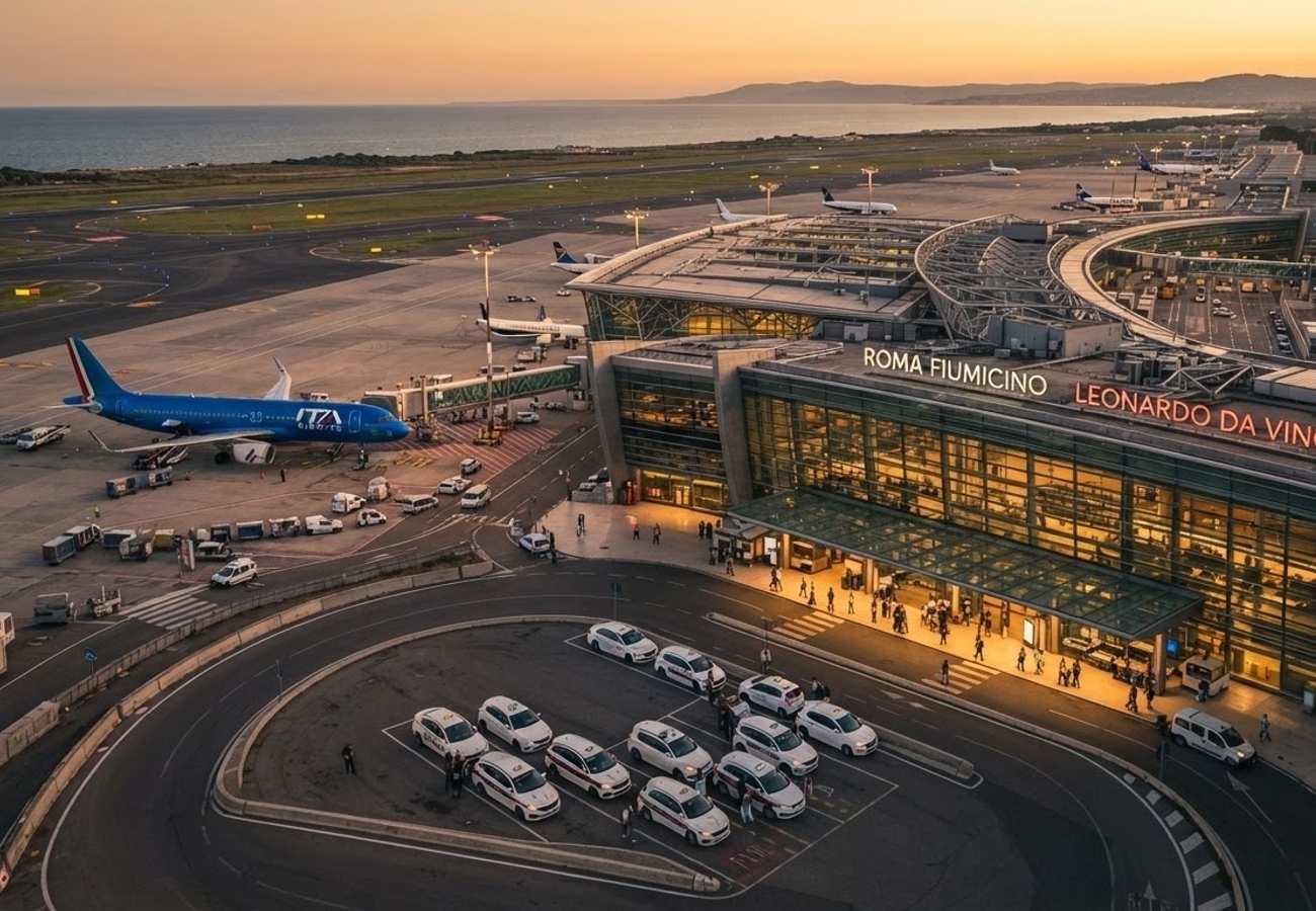 Aerial view of Rome Fiumicino Airport terminals and runways