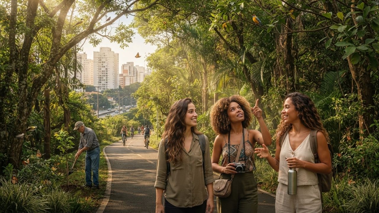 A photorealistic rendering of a lush green linear park corridor with tall trees and walking paths surrounded by city buildings.