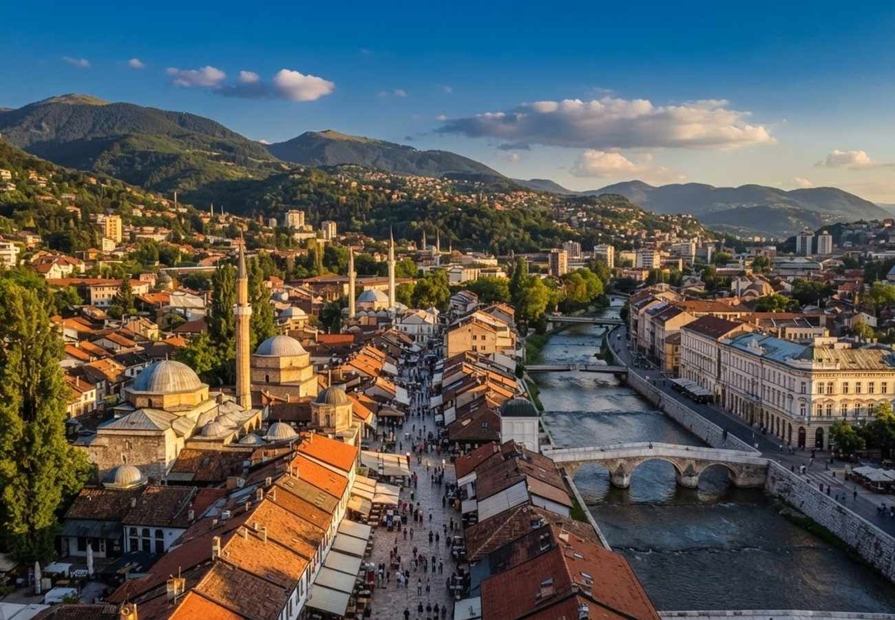 Sarajevo city skyline blending Ottoman and Austro-Hungarian architecture