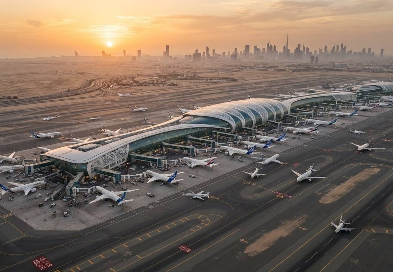 Aerial view of modern Gulf airport terminal infrastructure