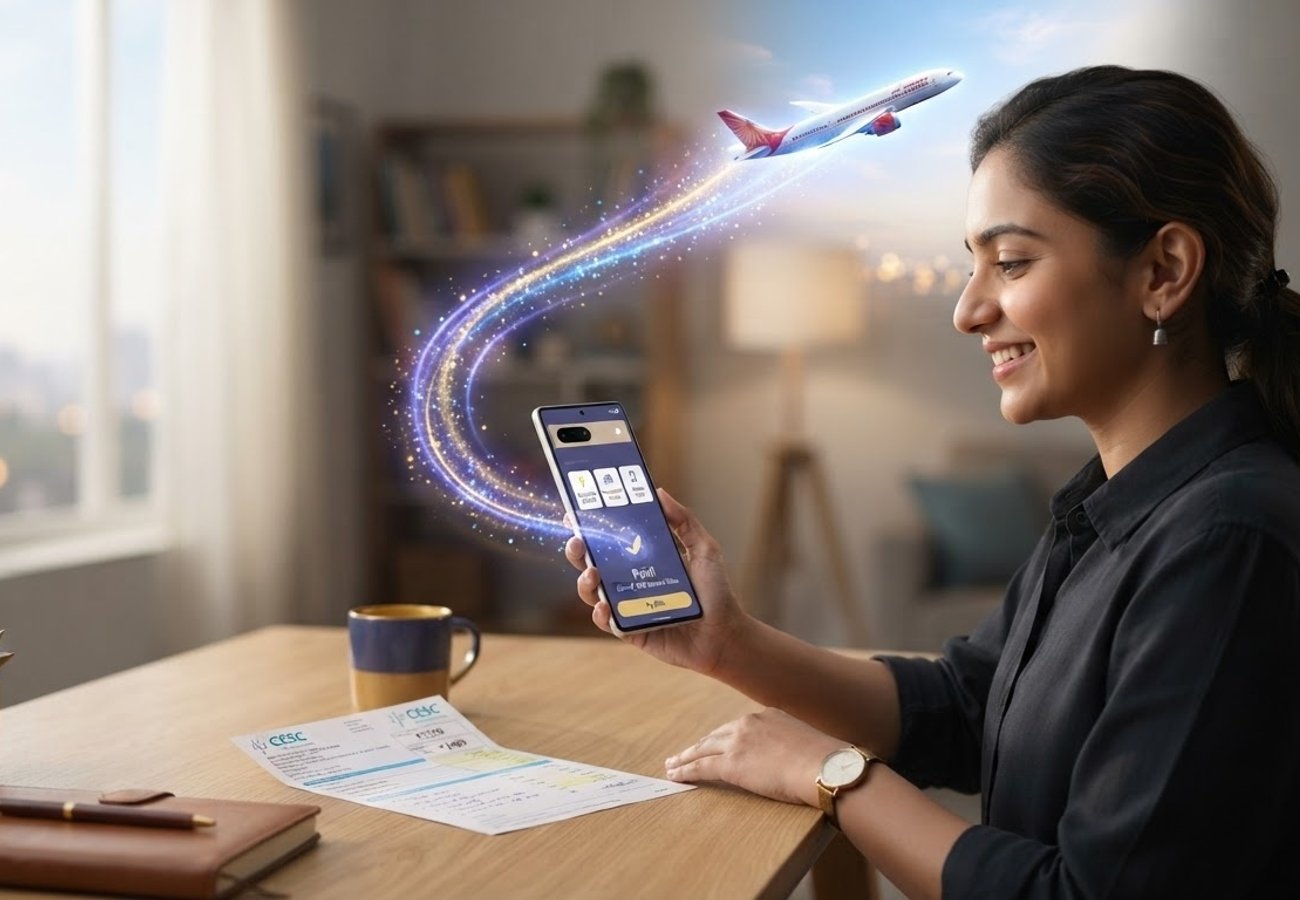 Digital payment interface showing travel rewards and flight bookings