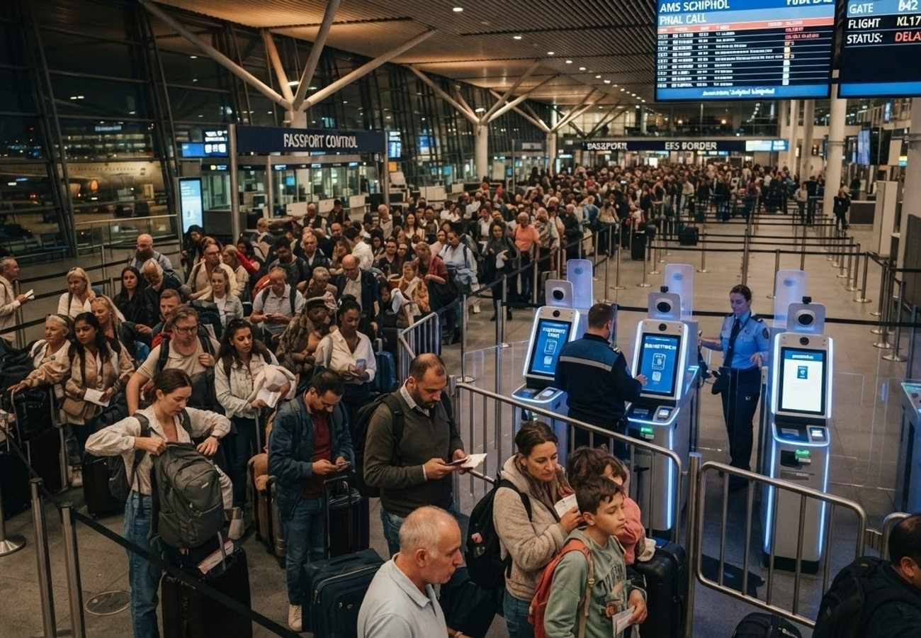 Crowded airport terminal with passengers waiting in long passport control lines