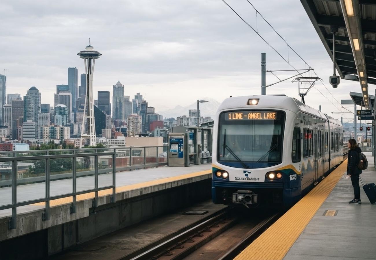 Link light rail 1 Line train at SeaTac/Airport Station platform serving downtown Seattle-bound travelers