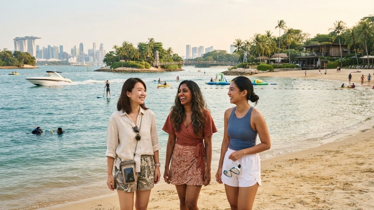 A majestic view of the Singapore skyline bordering a turquoise sea basin, with family travelers exploring a coastal beach park.